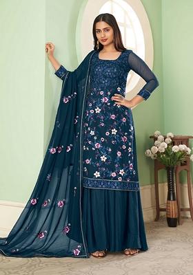 Blue Thread Embroidered Georgette Kurta Set