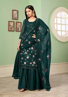 Green Thread Embroidered Georgette Kurta Set