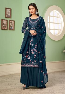 Blue Thread Embroidered Georgette Kurta Set