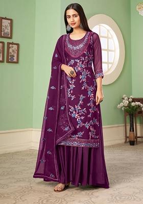 Purple Thread Embroidered Georgette Kurta Set
