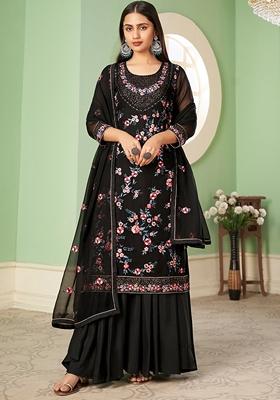 Black Thread Embroidered Georgette Kurta Set