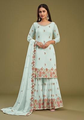 Off White Thread Embroidered Georgette Kurta Set