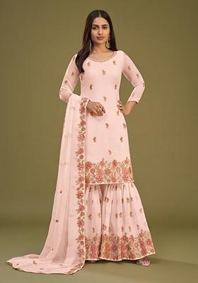 Peach Thread Embroidered Georgette Kurta Set