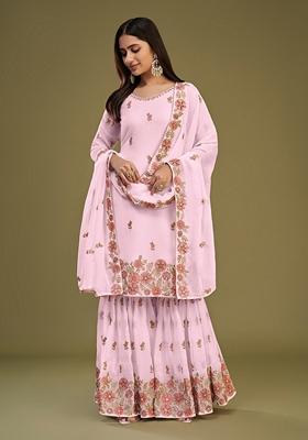 Light Pink Thread Embroidered Georgette Kurta Set
