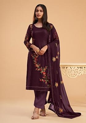 Wine Thread Embroidered Georgette Kurta Set