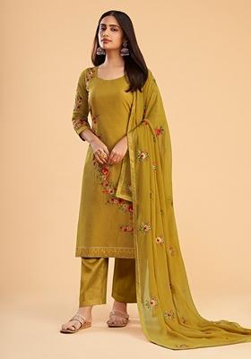 Mustard Thread Embroidered Georgette Kurta Set