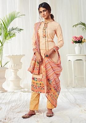 Light Peach Stone Work Cotton Kurta Set