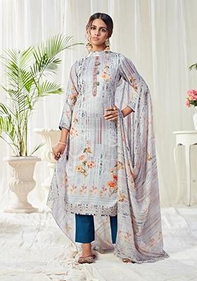 Light Grey Stone Work Cotton Kurta Set