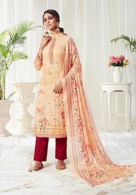 Light Peach Stone Work Cotton Kurta Set