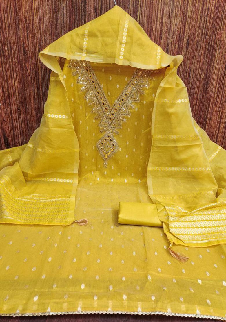 Yellow Jacquard Silk Kurta Set