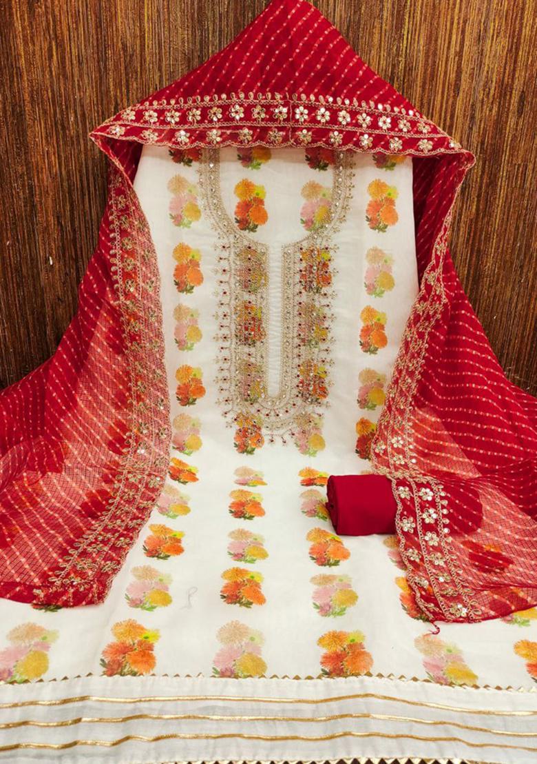 White Digital Print Silk Kurta Set