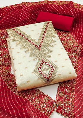 Off White Sequin Embroidered Silk Kurta Set