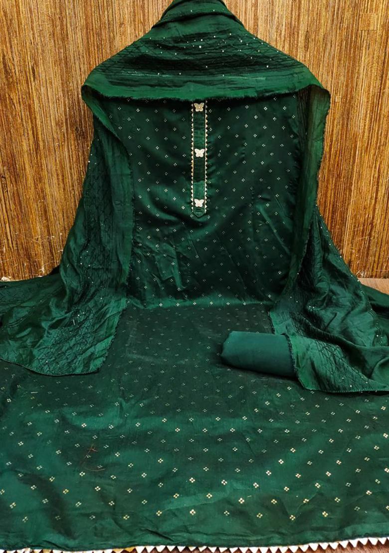 Dark Green Printed Silk Kurta Set