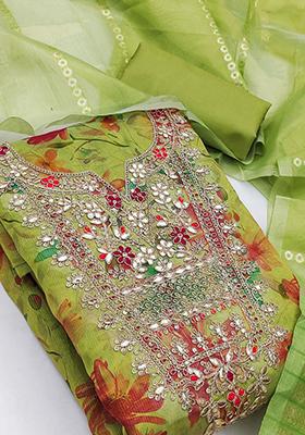 Green Printed Silk Kurta Set