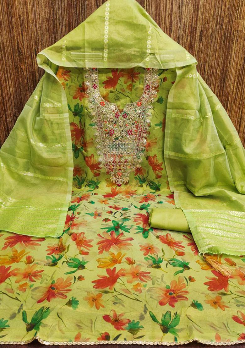 Green Printed Silk Kurta Set