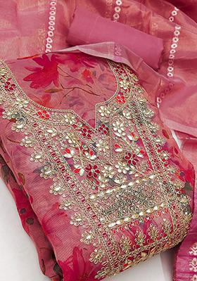 Pink Printed Silk Kurta Set