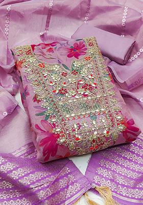 Purple Printed Silk Kurta Set