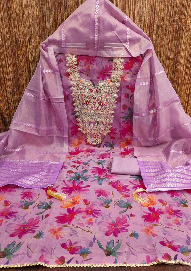 Purple Printed Silk Kurta Set