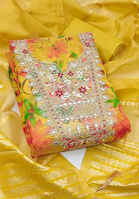 Yellow Printed Silk Kurta Set
