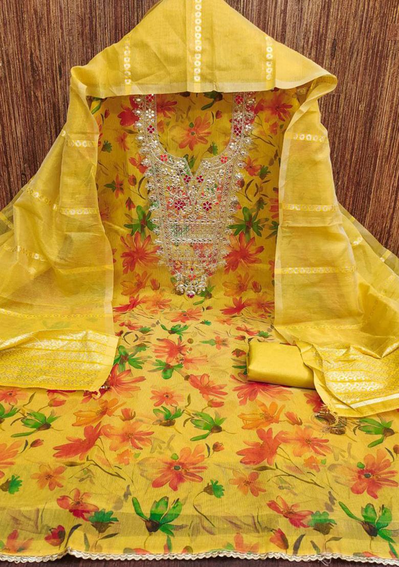 Yellow Printed Silk Kurta Set