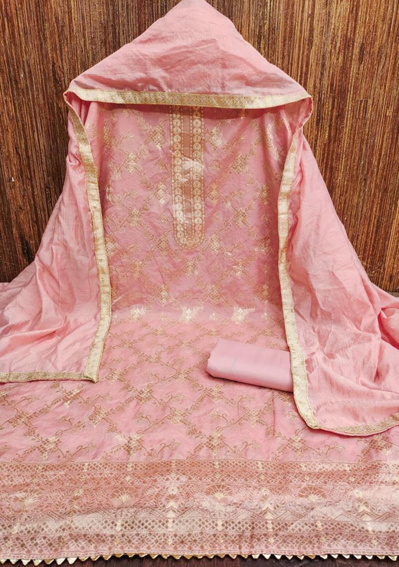 Peach Jacquard Silk Kurta Set