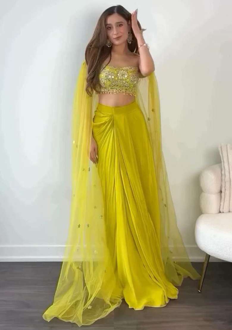 Yellow Embellished Chinon Sharara Set - Indya