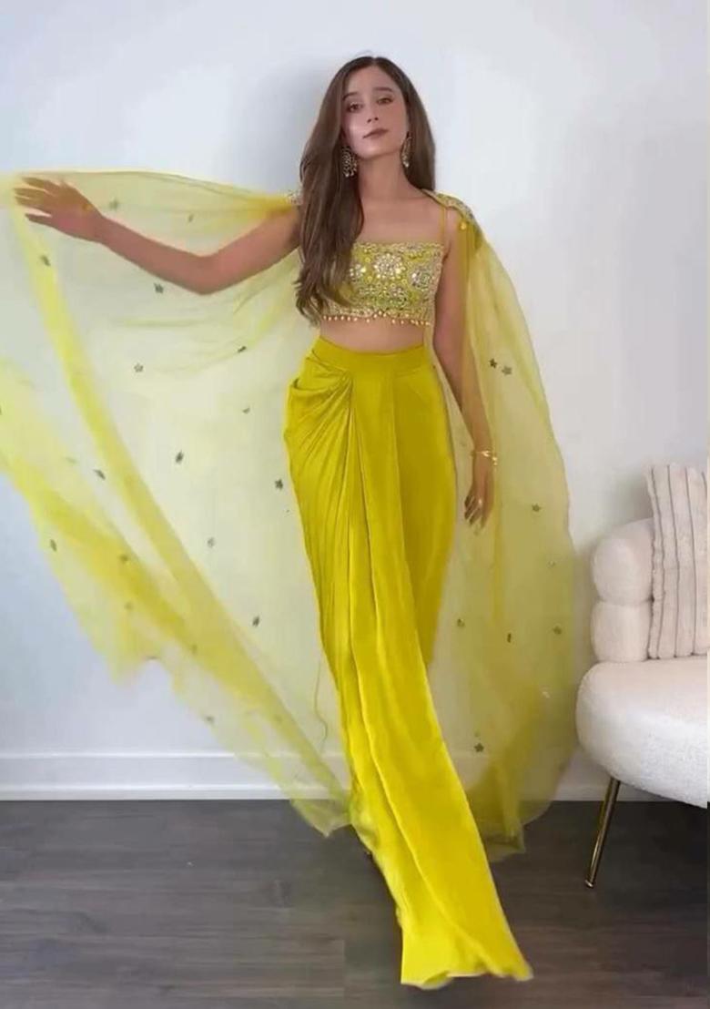 Yellow Thread Embroidered Chinon Silk Jacket Set