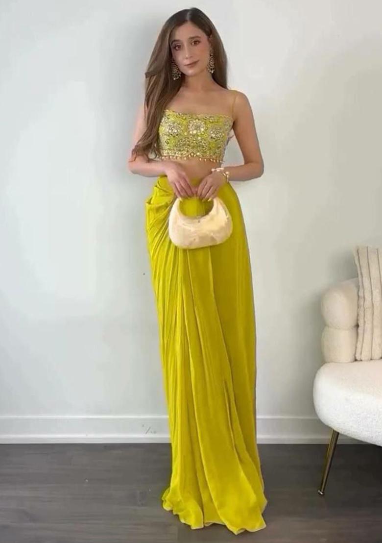 Buy Women Yellow Thread Embroidered Chinon Silk Jacket Set
