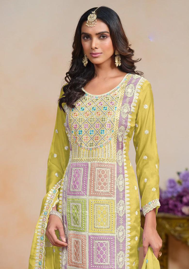 Yellow Embroidered Organza Silk Kurta Set