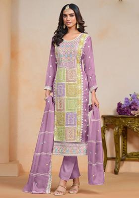 Lavender Embroidered Organza Silk Kurta Set