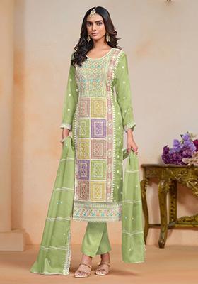 Light Green Embroidered Organza Silk Kurta Set