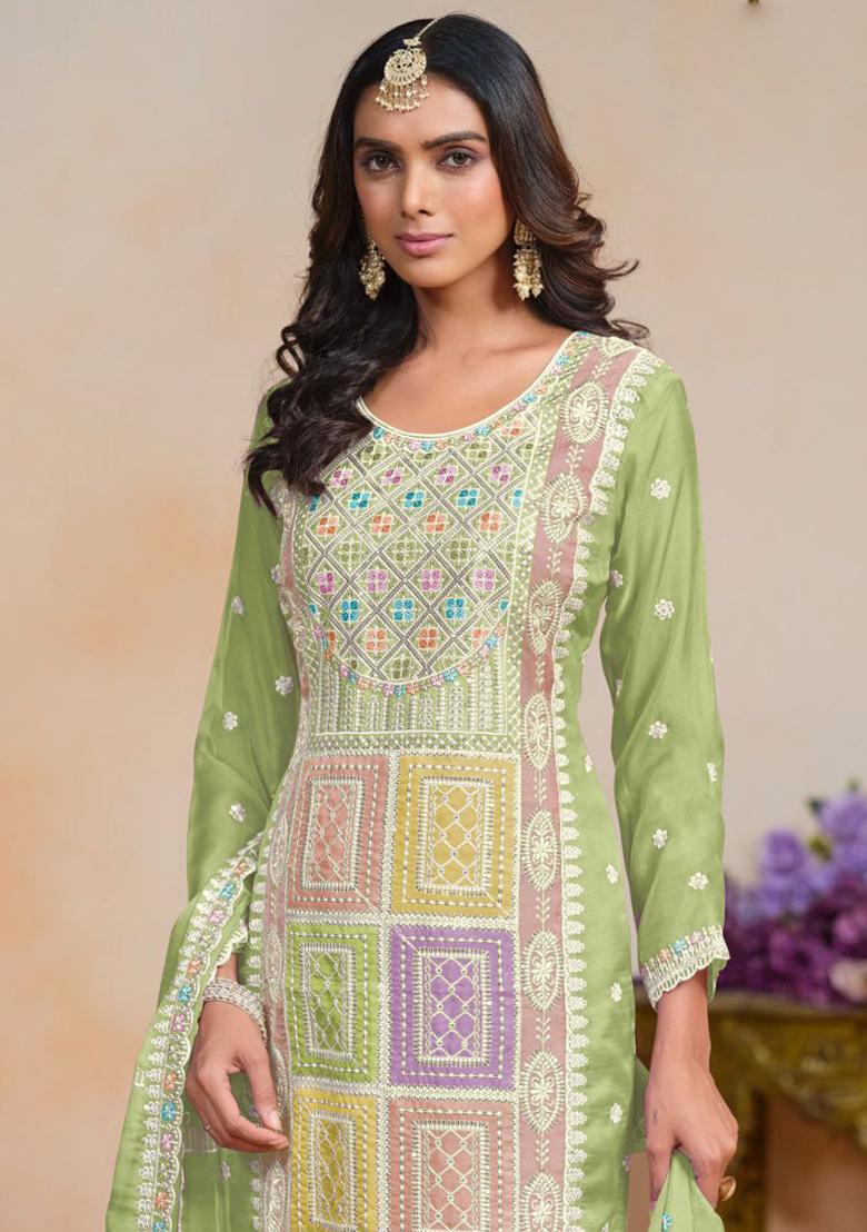 Light Green Embroidered Organza Silk Kurta Set