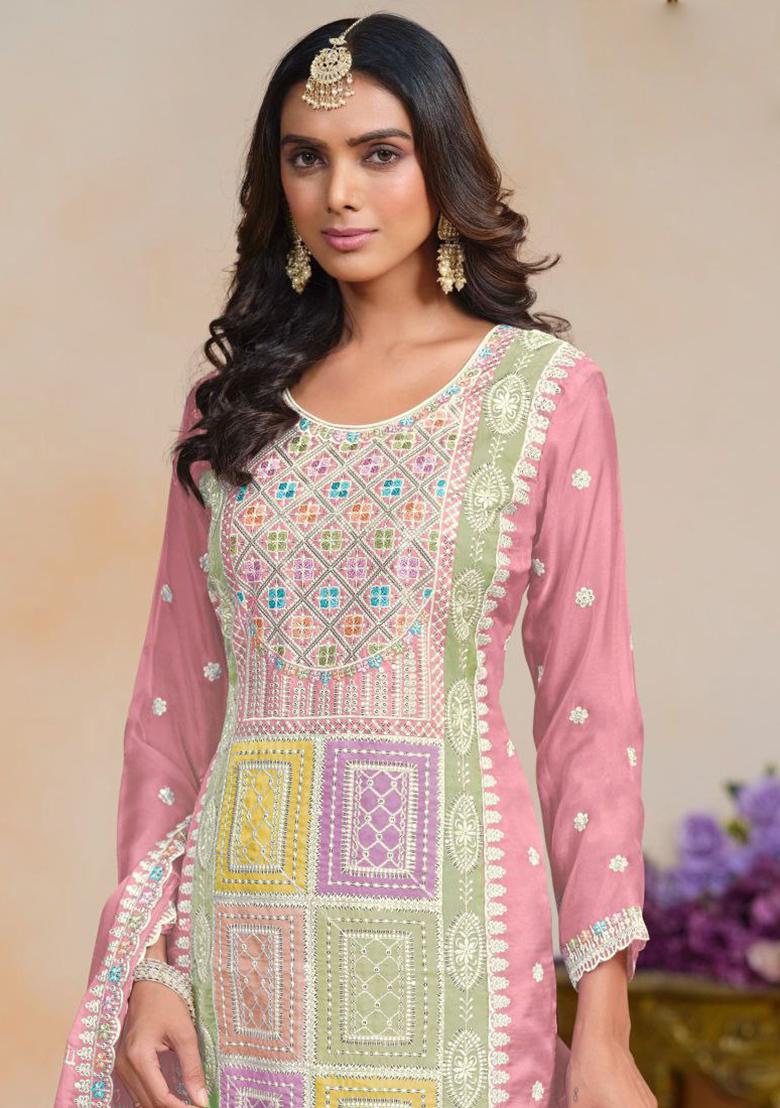 Light Pink Embroidered Organza Silk Kurta Set