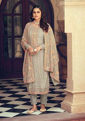 Beige Embroidered Georgette Kurta Set