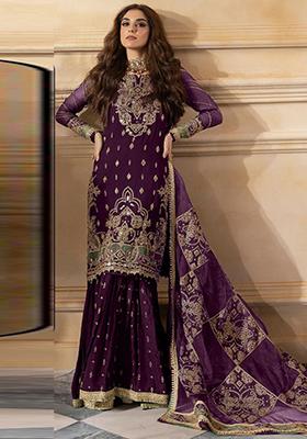 Wine Embroidered Velvet Kurta Set