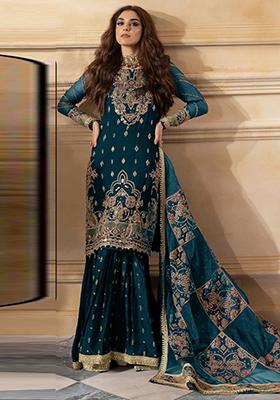 Turquoise Embroidered Velvet Kurta Set