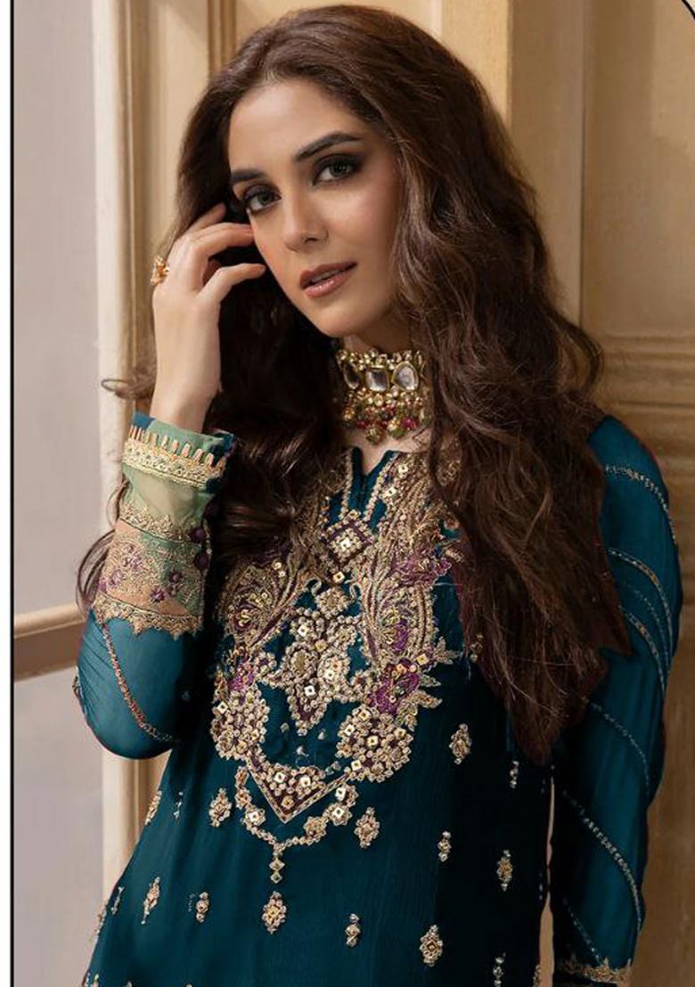 Turquoise Embroidered Velvet Kurta Set