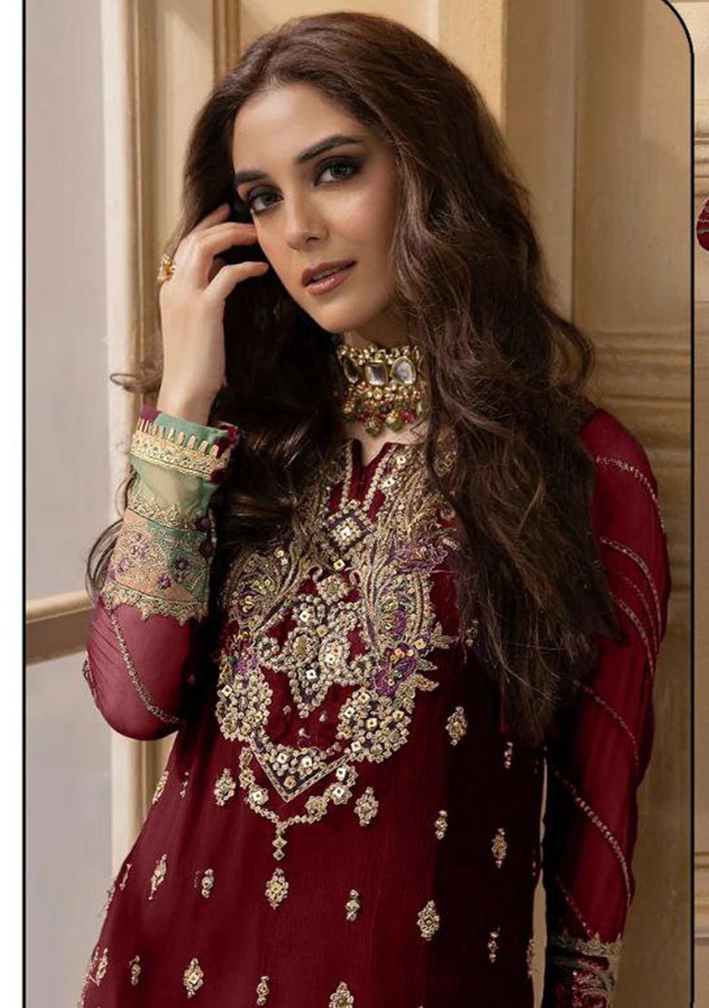 Maroon Embroidered Velvet Kurta Set