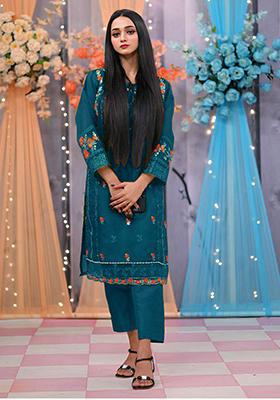 Blue Embroidered Organza Silk Kurta Set