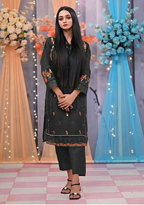 Black Embroidered Organza Silk Kurta Set