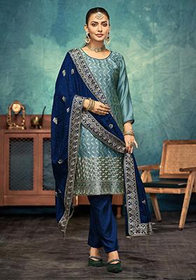 Sky Blue Embroidered Silk Kurta Set