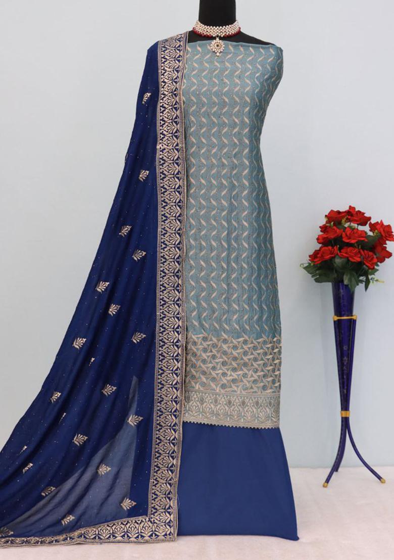Sky Blue Embroidered Silk Kurta Set