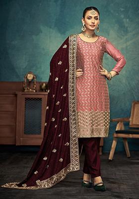 Peach Embroidered Silk Kurta Set