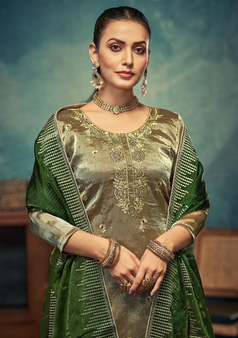 Beige Embroidered Silk Kurta Set