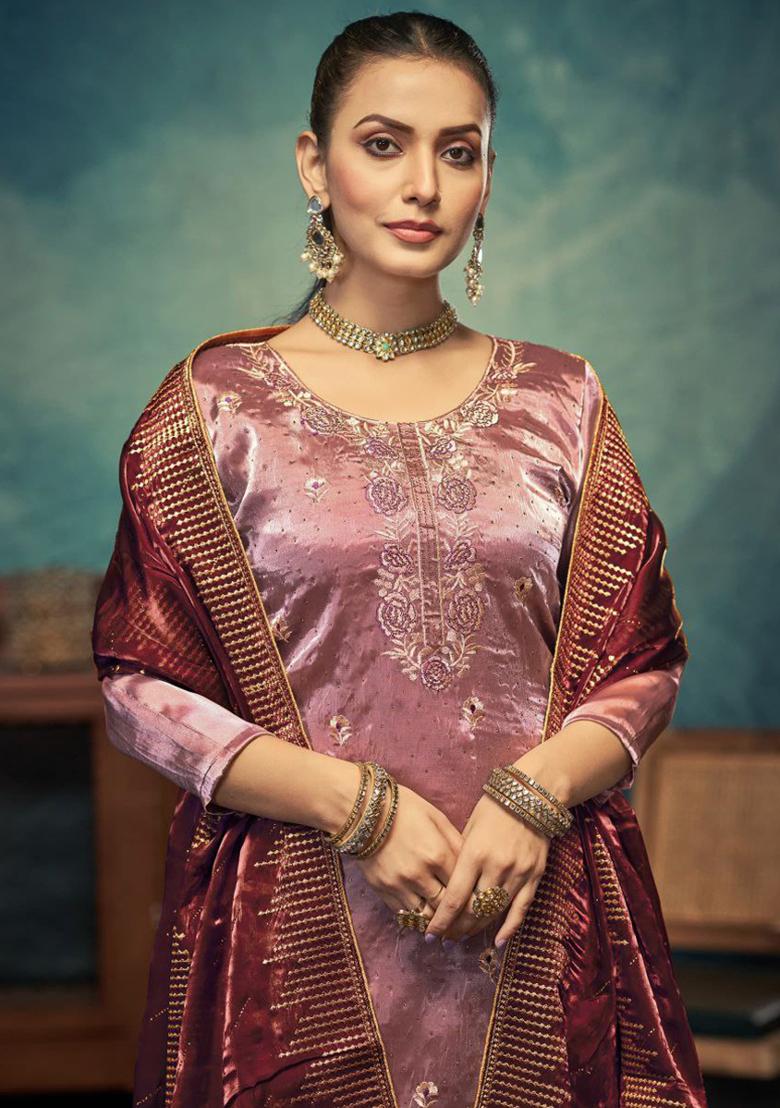 Peach Embroidered Silk Kurta Set