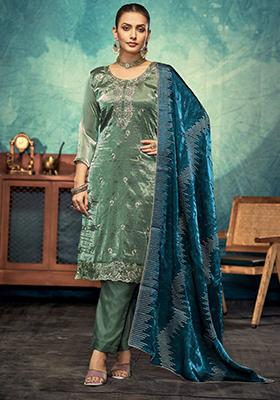 Light Green Embroidered Silk Kurta Set