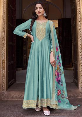 Turquoise Embroidered Silk Kurta Set