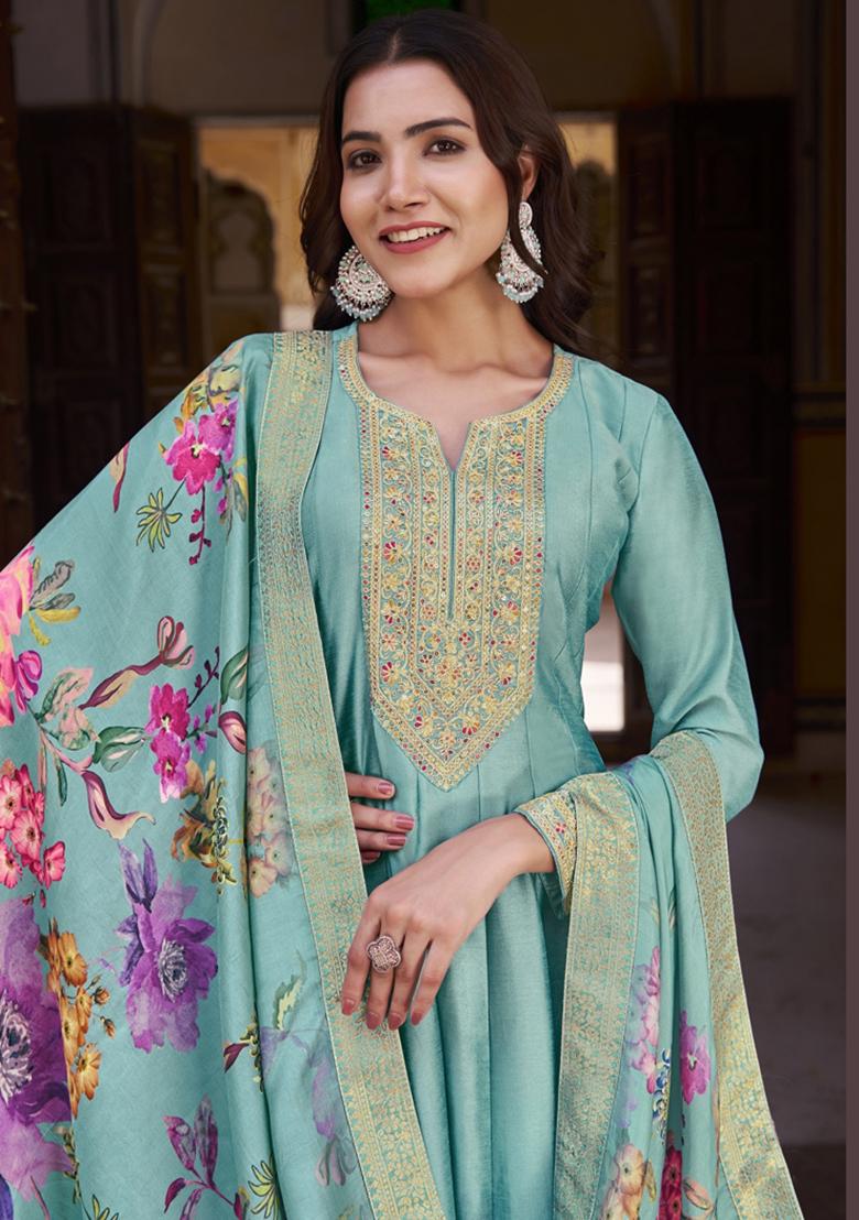 Turquoise Embroidered Silk Kurta Set