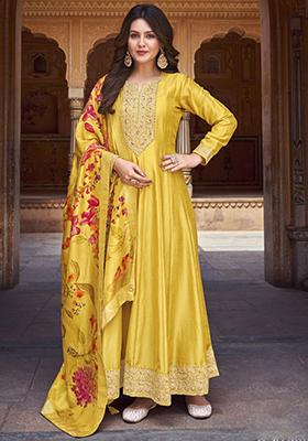 Yellow Embroidered Silk Kurta Set