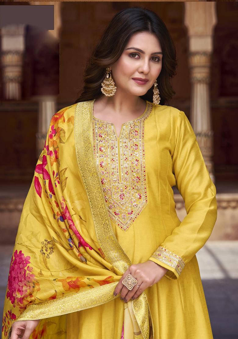 Yellow Embroidered Silk Kurta Set